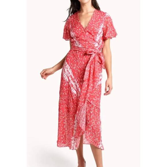 TANYA TAYLOR Blaire Floral Silk Midi Dress Dress Ditsy Red Stripe Guava Pink  6 - Picture 1 of 12